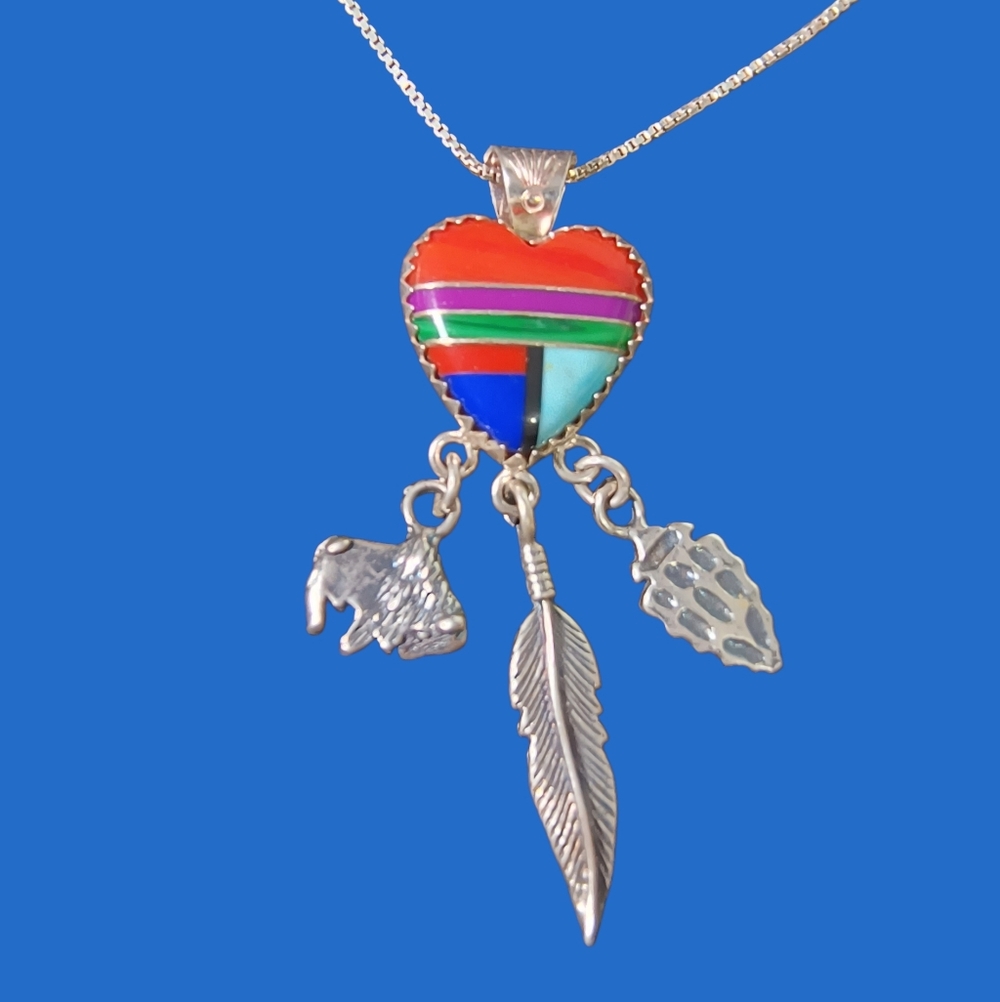 Quoc Turquoise Sterling Silver & Stone Inlay Heart Pendant Dangle Necklace